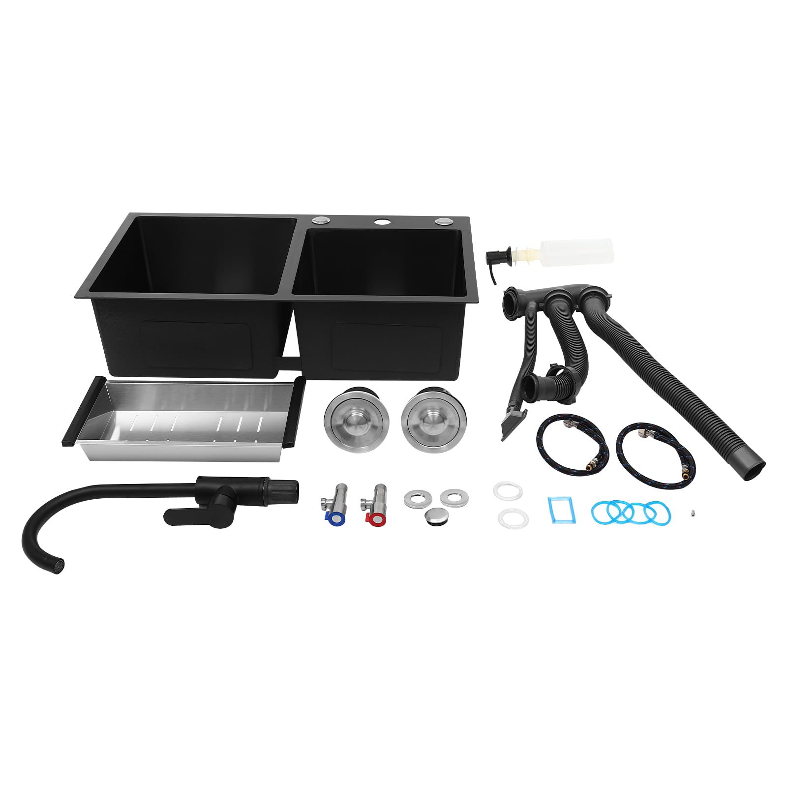 Lavello autoportante in acciaio inox, 2 vasche, 72 x 40 x 86 cm, nero
