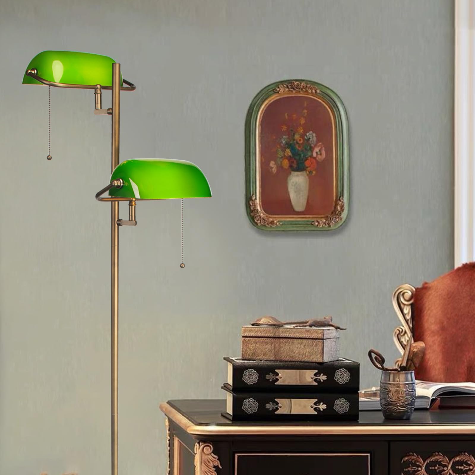 FIRVRE Stehlampe Schmal Vintage, Stehleuchte Gold mit Grüner Glaslampenschirm, Stehlampe Ecke mit Reißverschlussschalter für Wohnzimmer Büro Schlafzimmer
