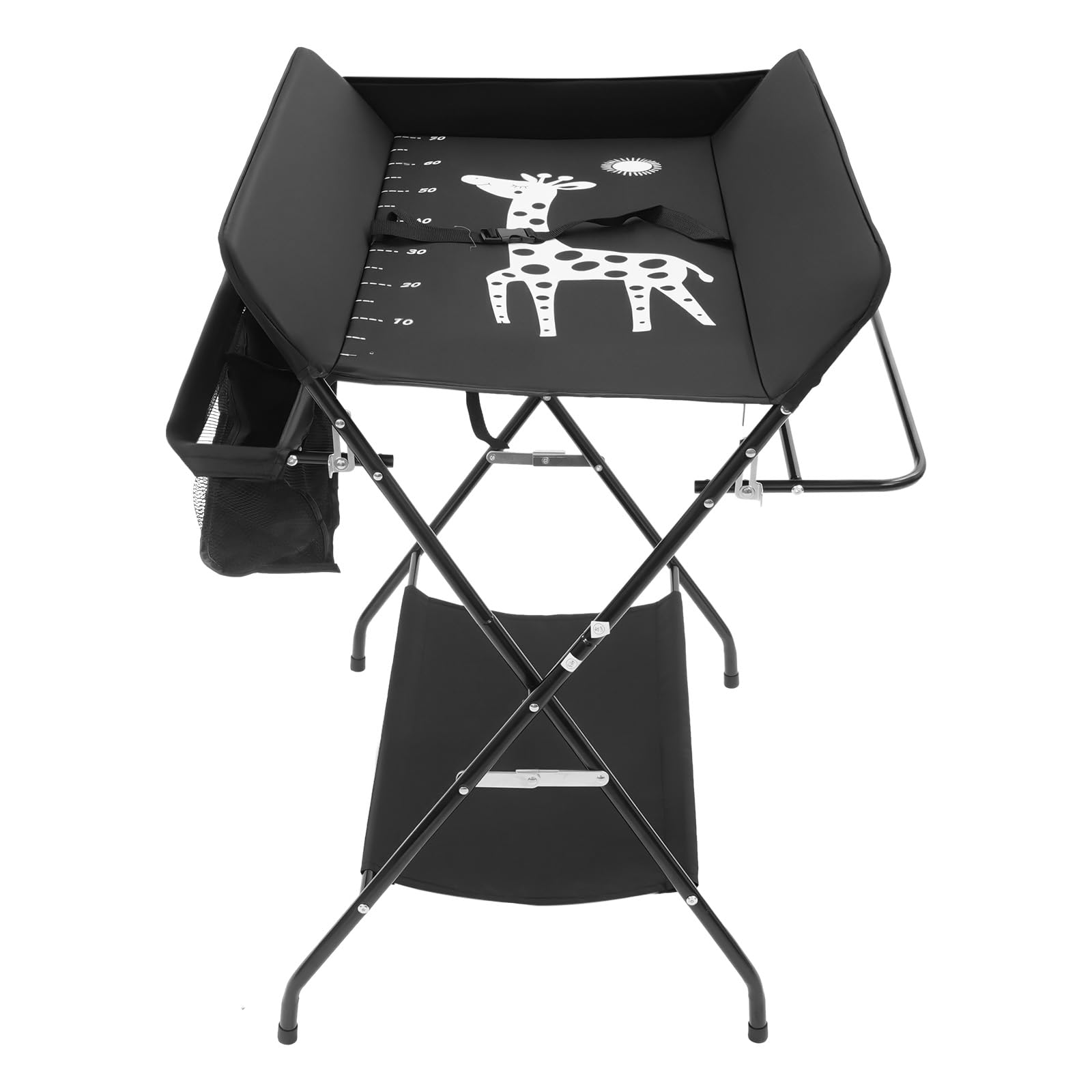 Cambiador de bebé plegable – Cambiador portátil con cinturón de seguridad, mesa cambiadora para ahorrar espacio (80 x 63 cm), altura regulable, carga de 15 kg, incluye cesta (negro)