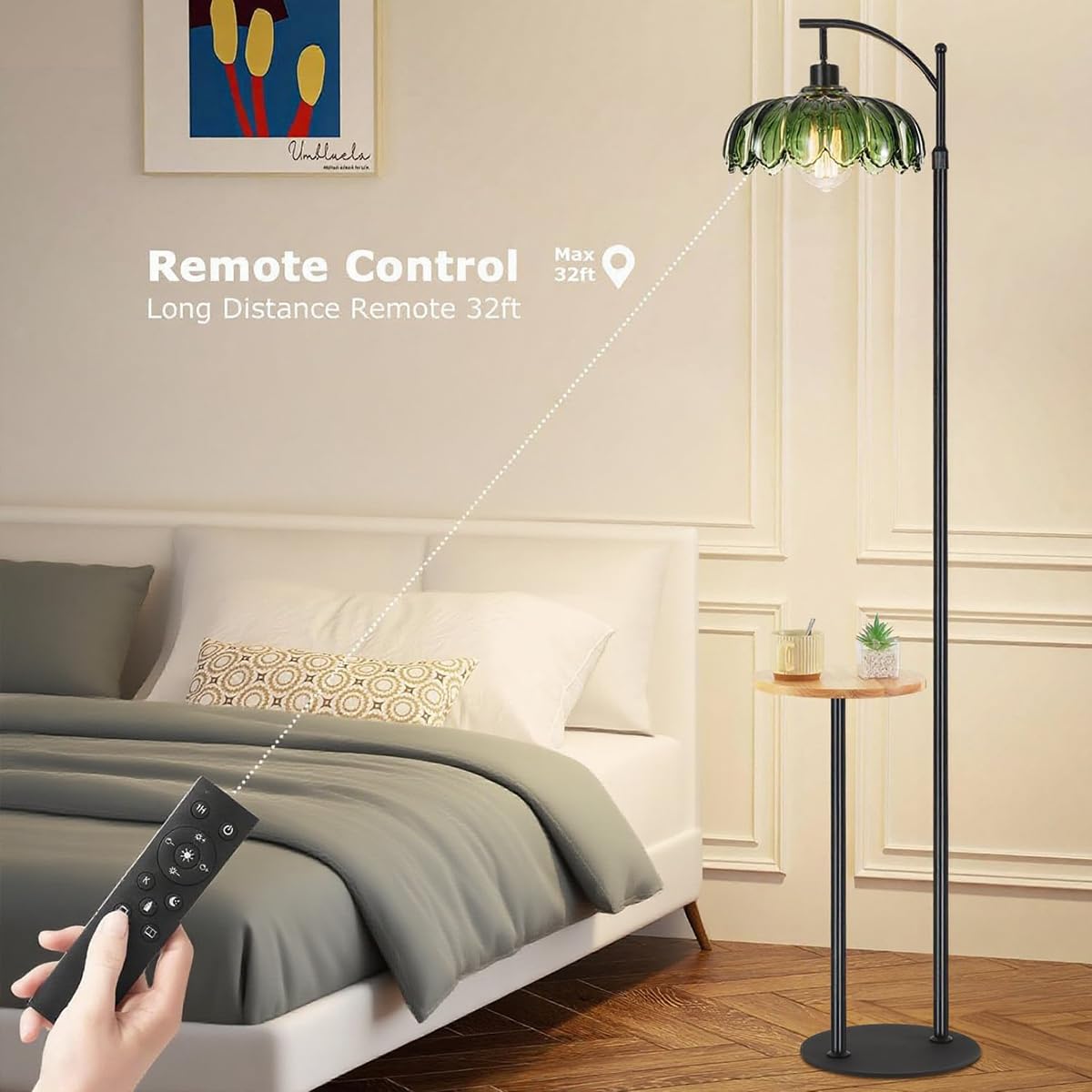 KZT Stehlampe Wohnzimmer mit Fernbedienung Dimmbar Stehleuchte mit Ablage Höhenverstellbar 177CM Vintage Stehlampe mit Fußschalter Leselampe für Schlafzimmer Büro Floor Lamp, E27 Glühbirne, Schwarz