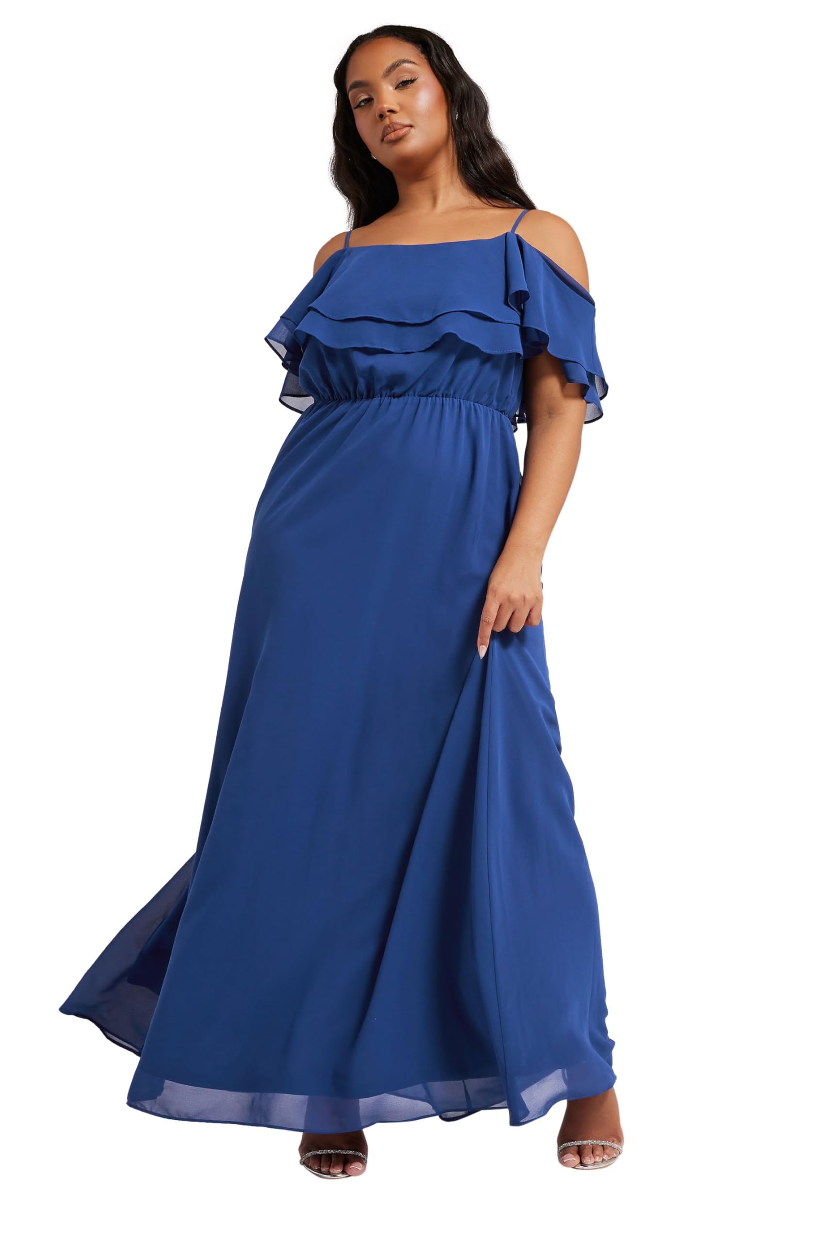 Yours Women's Cobalt Frill Cold Shoulder Maxi Dress In | Size: 26-28