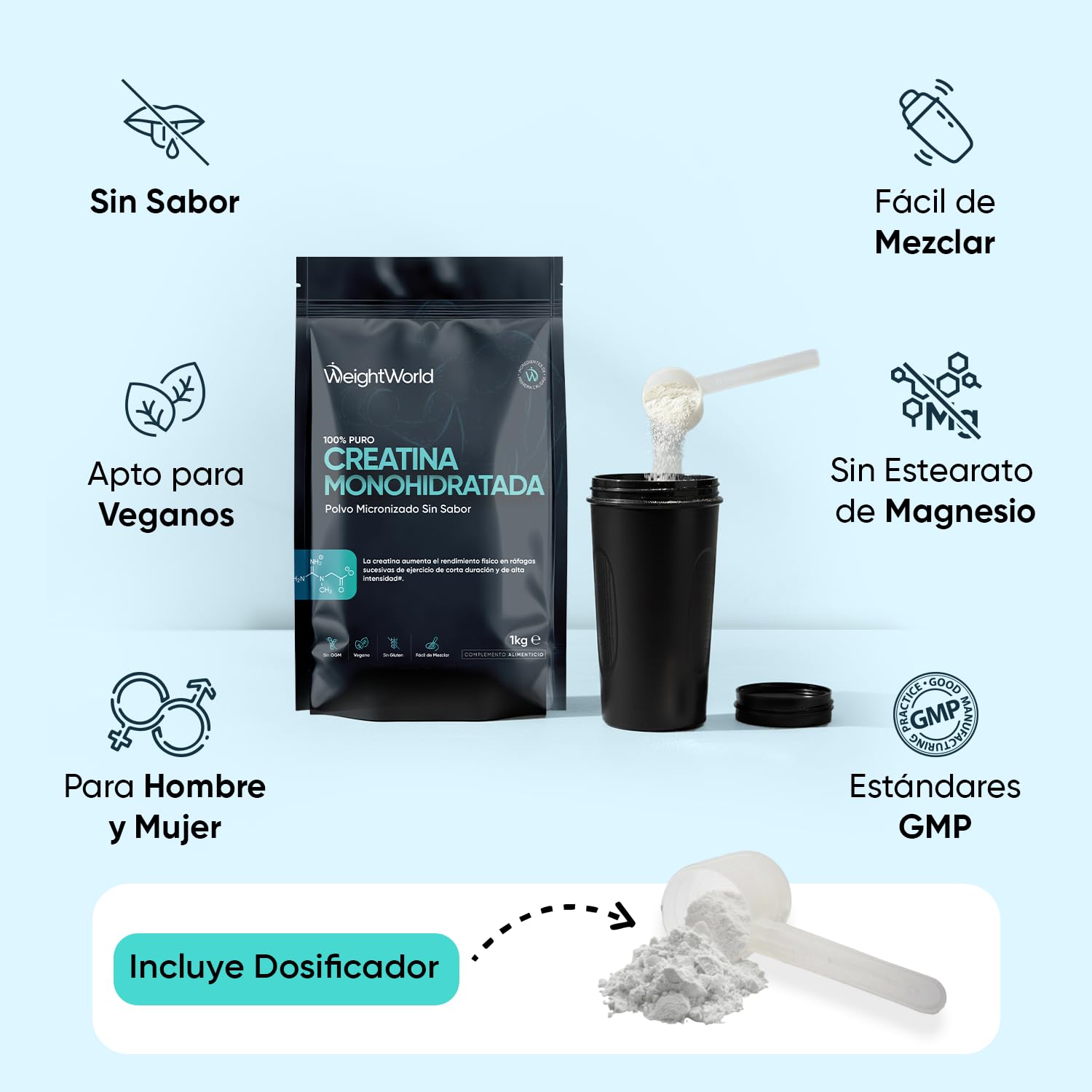 Creatina Monohidratada en Polvo 1kg/1000g para 330 Días - 100% Puro, Factor de Malla 200, 100% Monohidrato de Creatina Micronizada - Sin Sabor, Vegana, Cuchara Incluida
