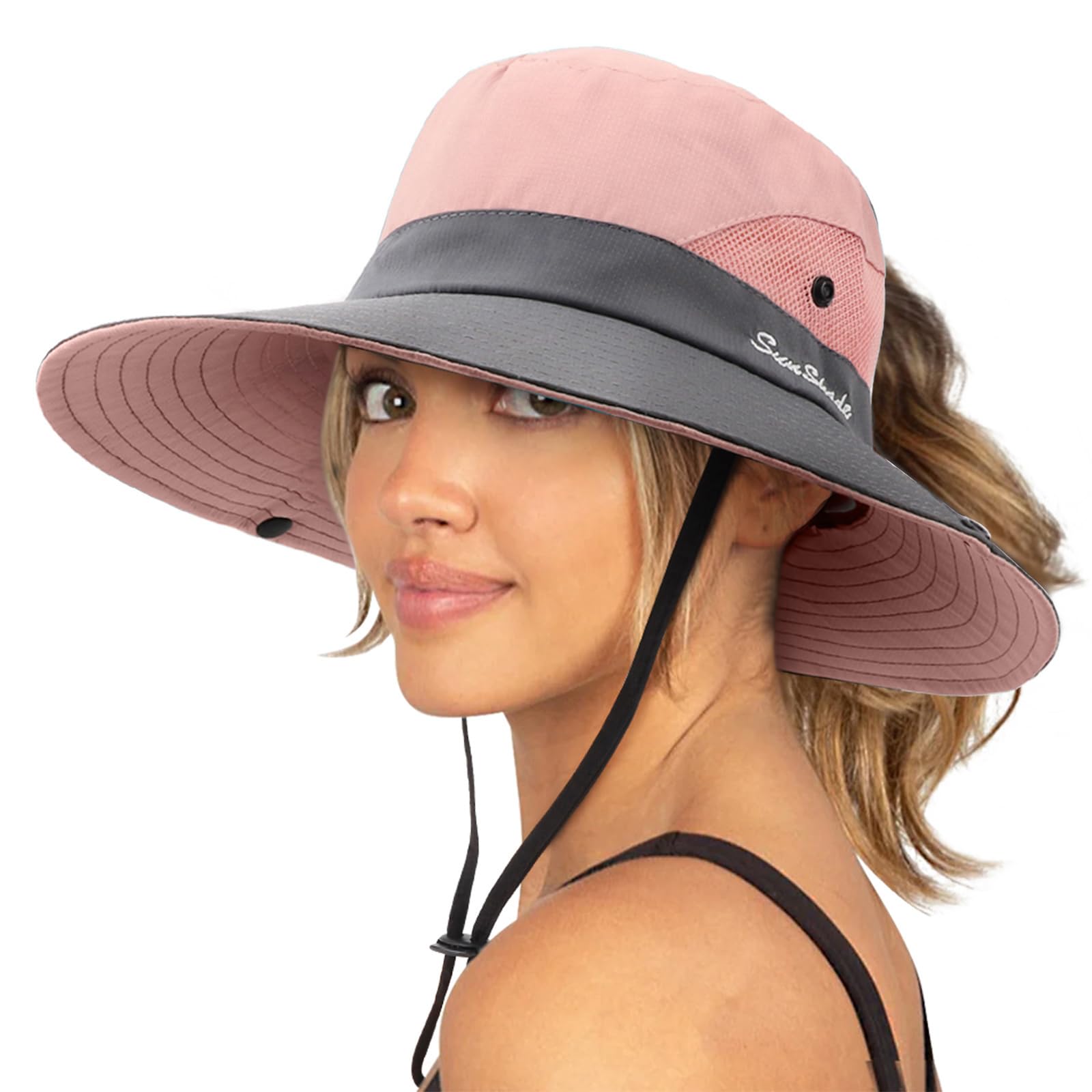 DRESHOW Women Sun Hat Outdoor UV Protection Hat Foldable Mesh Wide Brim Fishing Ponytail Beach Bucket Hats
