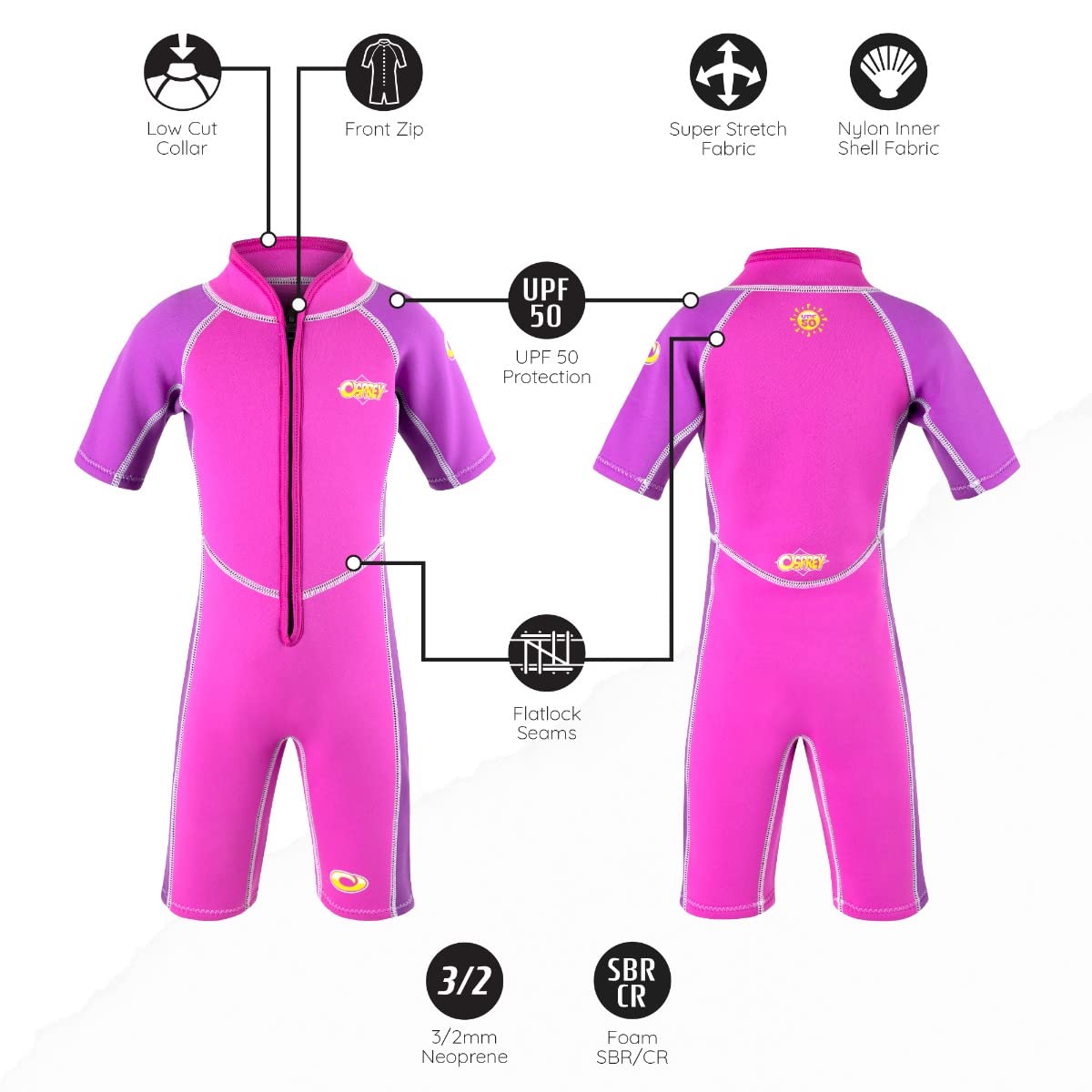 Osprey Toddlers 3mm Shorty Summer Kids Wetsuit, One Piece with SPF 50+ for Boys and Girls, Multiple Colours