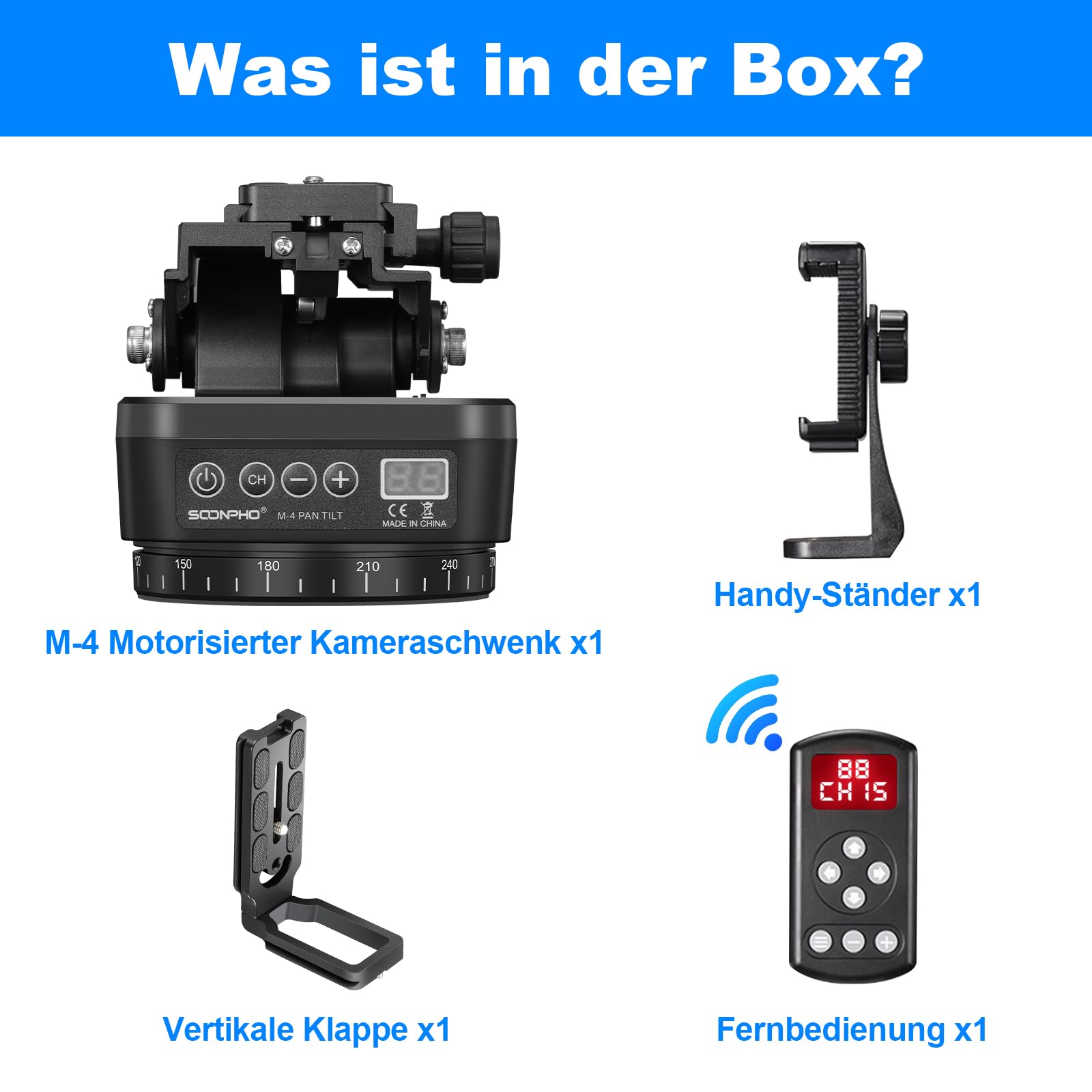 Soonpho M4 Panorama Stativkopf Motorisierter Kopf Kameras Remote Control Pan Tilt Motorized Head 360 Grad Erehbarer Elektrischer mit Telefonklemme und Fernbedienung für DSLR-Kameras,Smartphones
