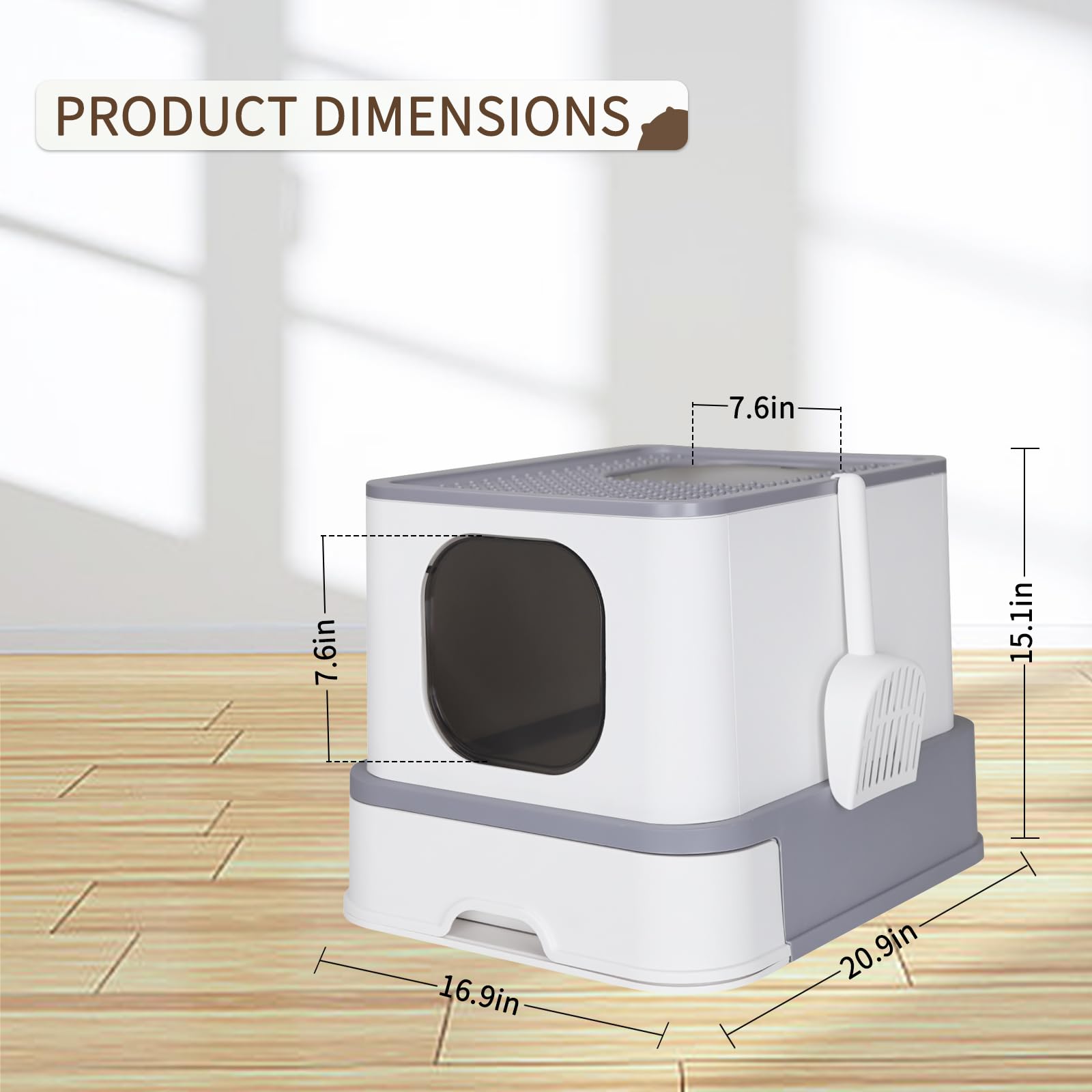 RIZZARI Stainless Steel Cat Box: Enclosed Design with High Walls - Light Gray - Large Litter Pan for Odor Control Indoors
