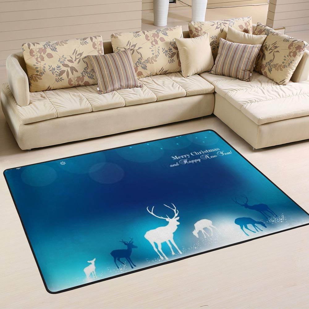 Tapis de Noël renne bleu grand format 60x39" antidérapant et doux