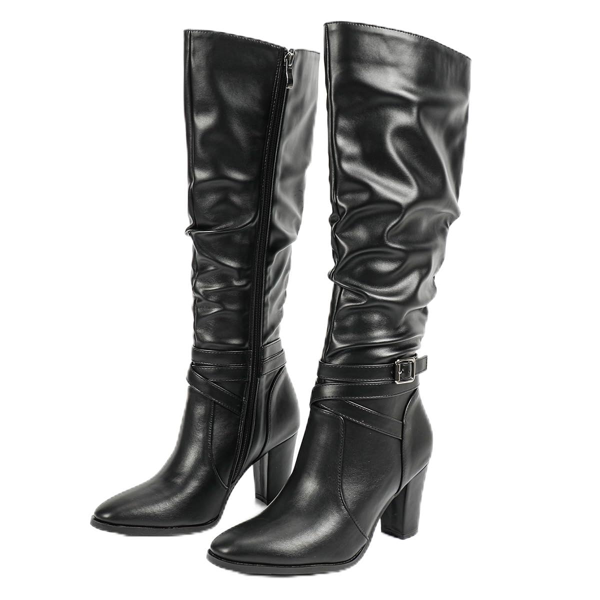 Womens Knee High Chunky Heel Boots Leather Long Black Boots Pointed Toe Side Zip Sexy Boots For Winter