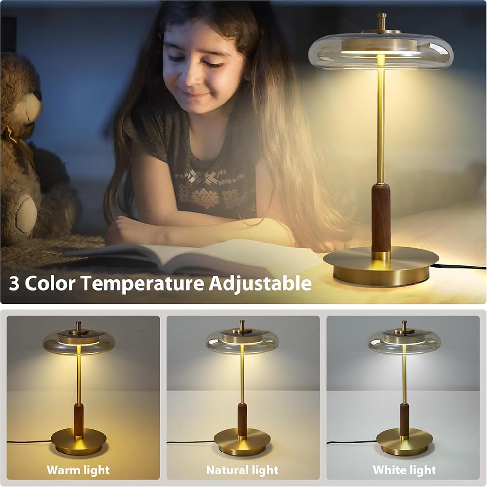 AoLa Mosiężna lampa stołowa w kolorze złotym 3 temperatury barwowe 3000K/4000K/6000K z przełącznikiem lampa stołowa LED z wtyczką i kablem nowoczesna lampa nocna z szklanym kloszem