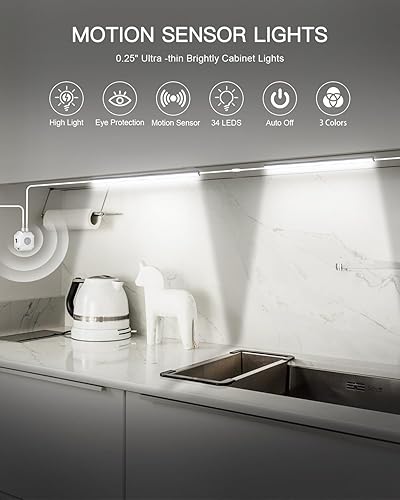 Miniatura 2 de Daymeet Luces para debajo del gabinete enchufables, iluminación ultra fina con sensor de movimiento de 12 pulgadas, 3 temperaturas de color, 3500 K,
