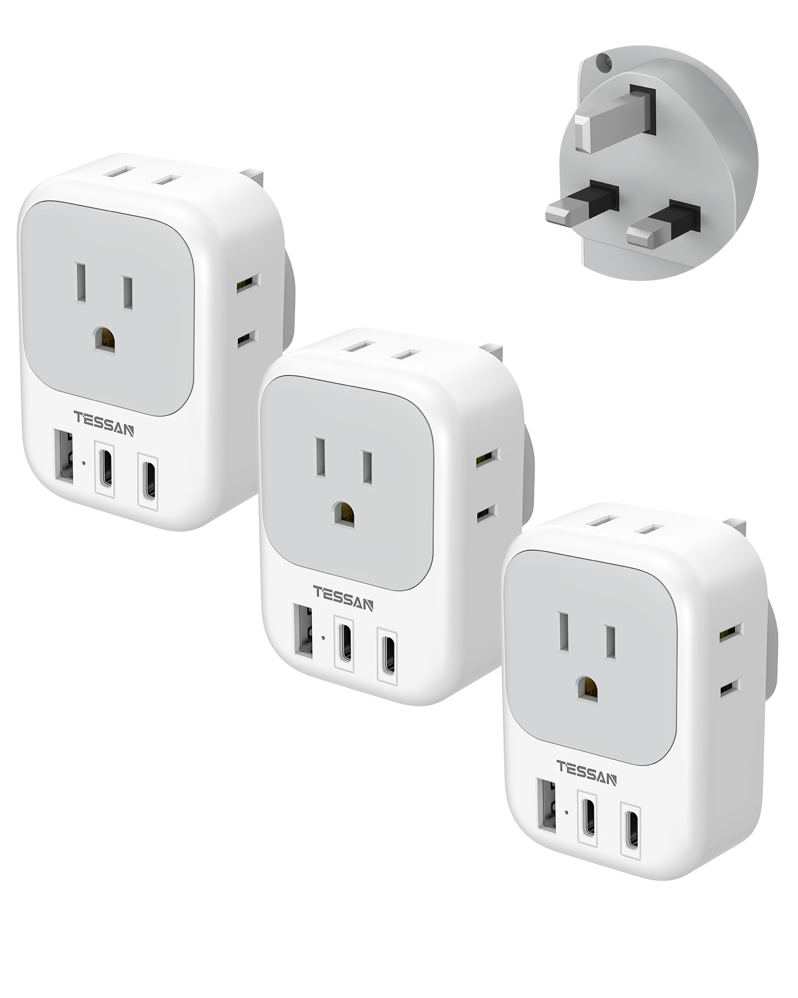 US to UK Plug Adapter 3 Pack, TESSAN Type G Adapter for Travel with 4 Outlets 3 USB (2 USB-C), Power Adaptor for US to UK Ireland London Scotland Kenya Dubai Singapore Hong Kong