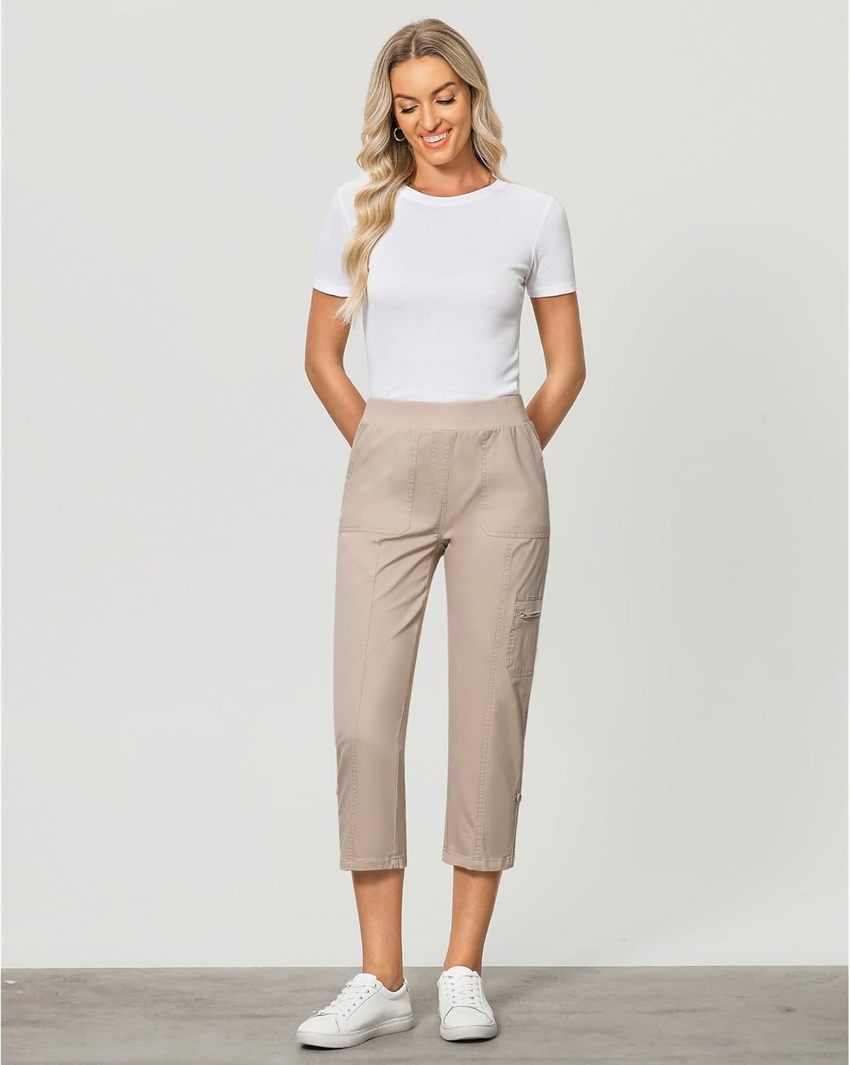 GRAPENT Capri Cargo Pants for Women High Waisted Pull On Elastic Waist Stretch Twill Fold Hem Capris Pants with Pockets - Image 6
