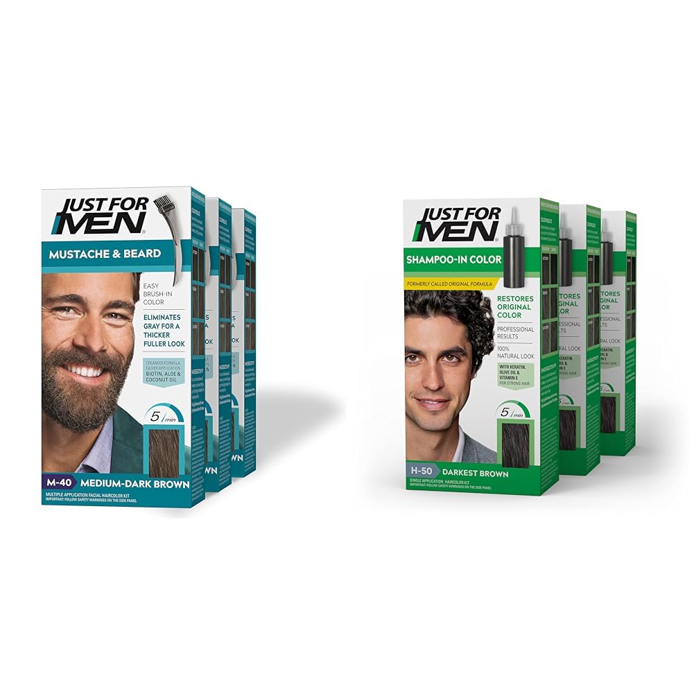 Just For Men Mustache & Beard, Beard Dye with Brush Included - Medium-Dark Brown, M-40, Pack of 3 & Shampoo-In Color (Formerly Original Formula), Darkest Brown, H-50, Pack of 3