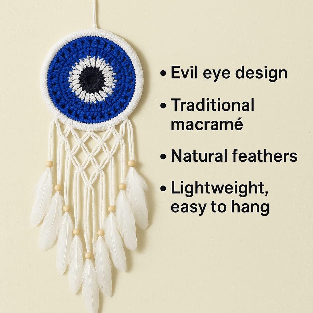 FEATHRA Handmade Evil Eye Dreamcatcher Wall Hanging – Blue & White Crochet Dream Catcher with Feathers & Beads – Boho Home Décor, Protection & Good Luck Charm (Evil Eye) 4