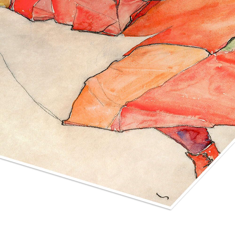 Posterlounge Kniendes Mädchen in orange-rotem Kleid Poster | 100 x 130 cm von Egon Schiele Beige Wandbilder Wanddeko