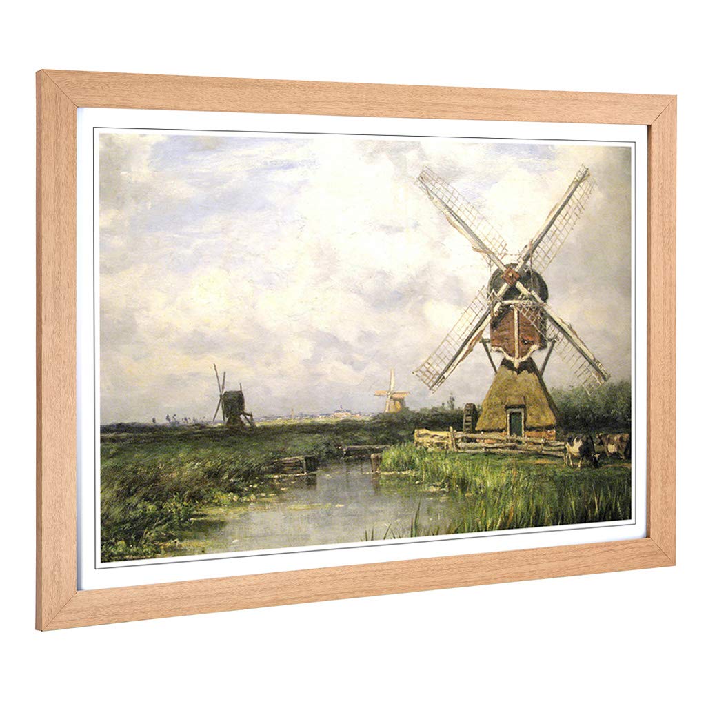 Big Box Art Framed Print of Willem Roelofs Windmills Design | Wall Art Picture | Home Decor for Kitchen, Living, Dining Room, Bedroom, Hallway, Office, Oak, A2 / 24.5x18 Inch / 62x45cm