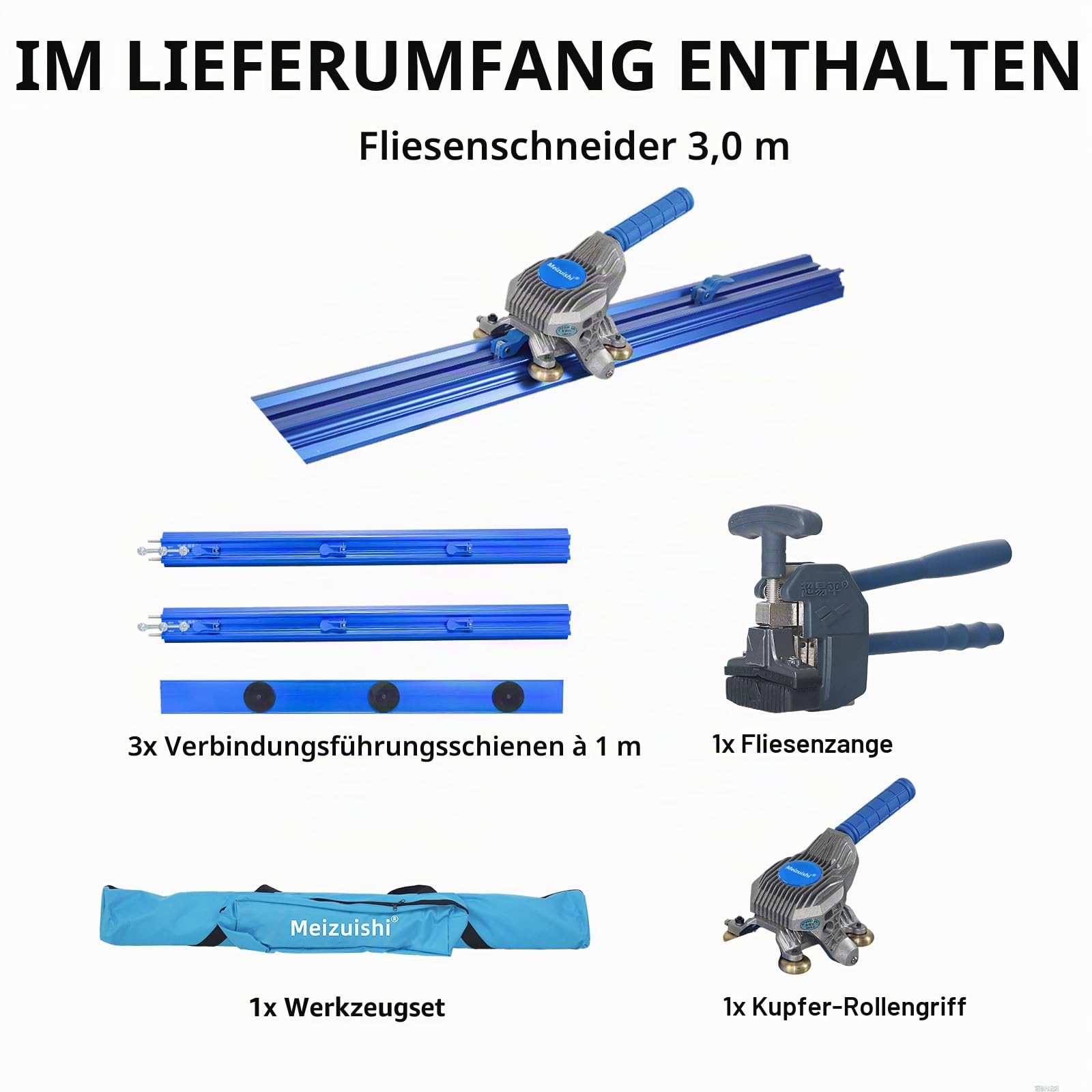 3,0m Manueller Fliesenschneider Für Großformat-Keramikfliesen. Wolframlegierung-Schneidkopf für präzises Einhand-Schneiden.Set enthält: Schneideinheit, 3×1m Präzisionsschienen, Aufbewahrungskoffer.