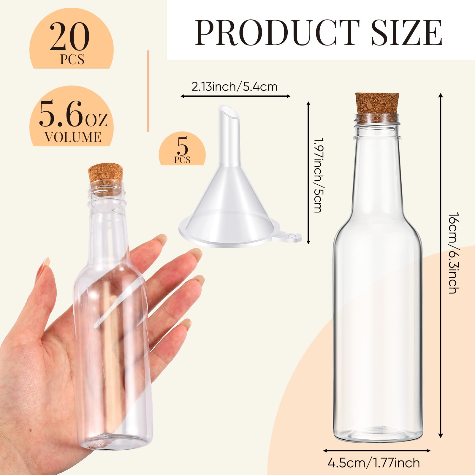 Tanlade 20 Pcs 5.6oz Plastic Sand Art Bottles with Cork Stoppers Wish Message Bottle Containers Clear Potion Bottles with Plastic Funnels for DIY Craft Wedding Birthday Party
