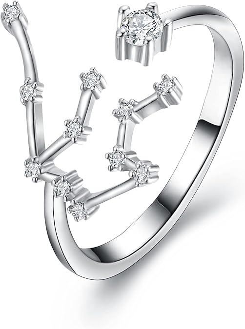 Elegant CZ Statement Adjustable Ring for Women Horoscope Zodiac 12 Constellation Astrology for Valentines Day/Birthday/Christmas