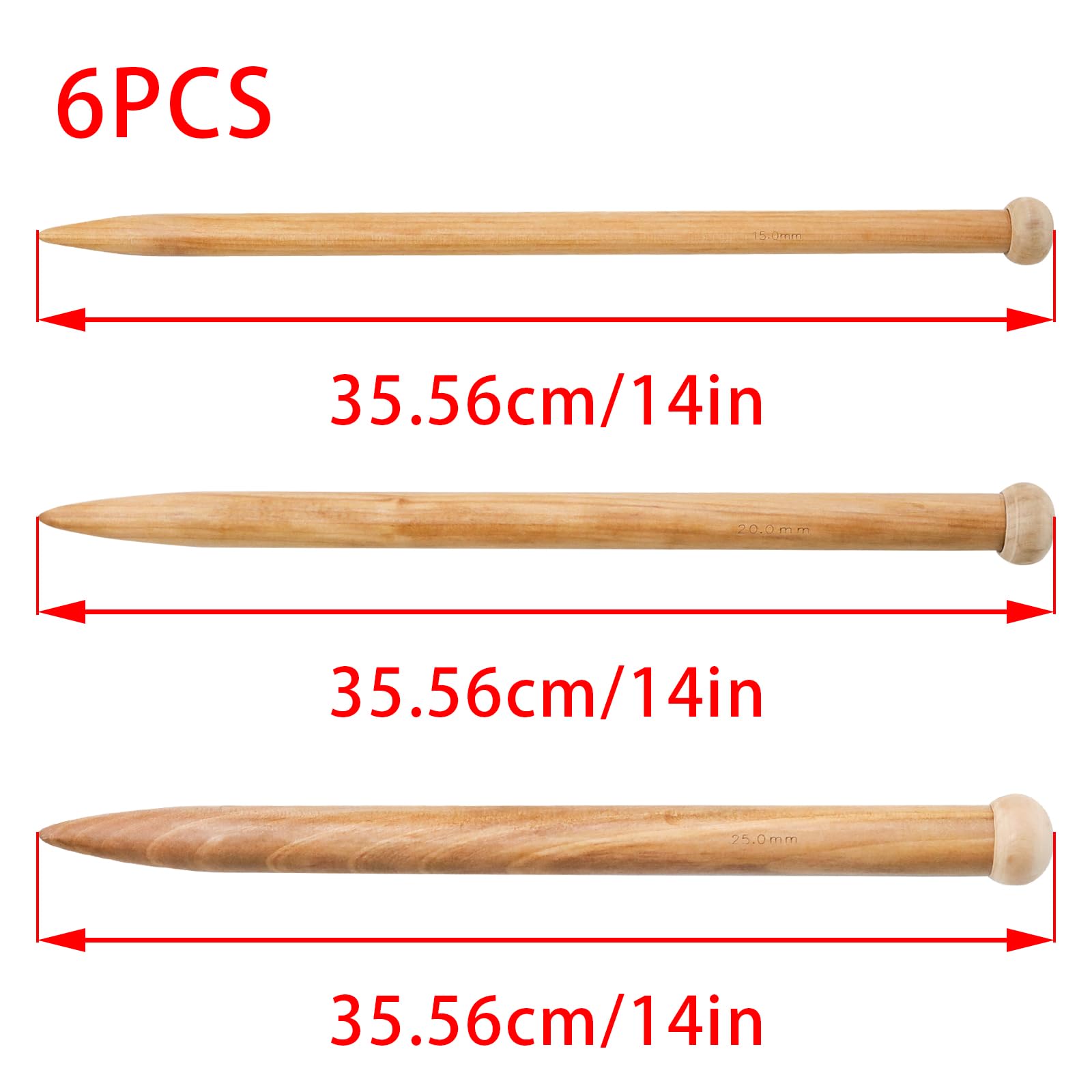 Pocoxll 6 agujas de tejer grandes de madera, 3 tamaños, agujas rectas de una sola punta para tejer suéter para principiantes (marrón)