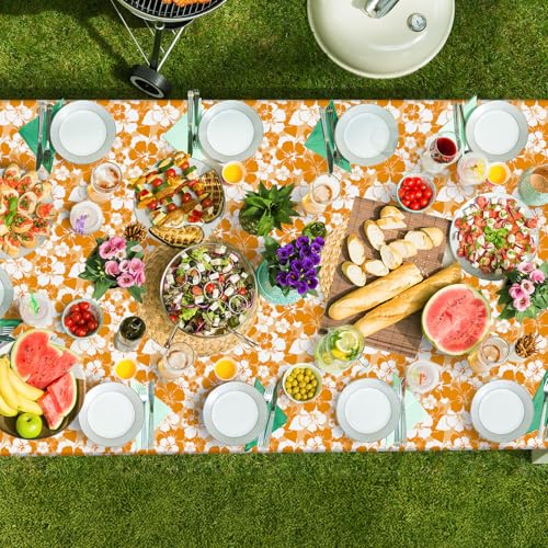 Image of Nitial 6 Pcs Hawaiian Hibiscus Party Tablecloths Plastic Disposable Luau Table Covers for Tropical Luau Bar Party Supplies Summer Beach Pool Birthday Decorations, 108 x 54 Inch