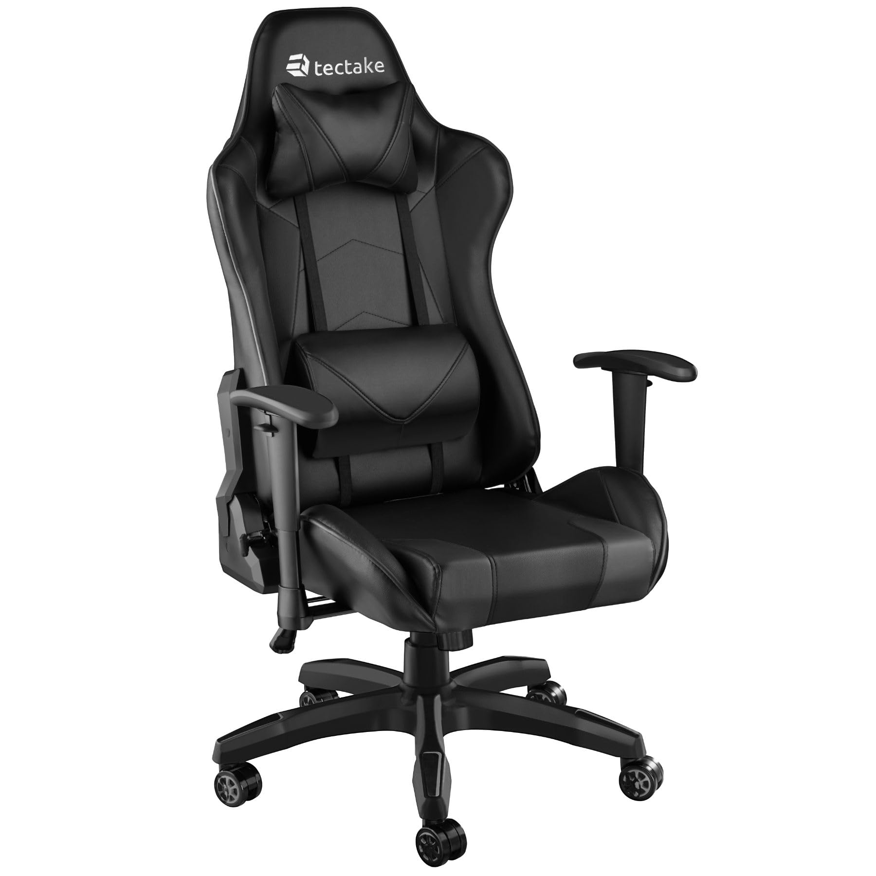 TecTake® Silla Gaming, Silla Ergonómica con Reposabrazos Ajustables, Silla de Estudio Moderna, Silla con Reposacabezas y Cojín Lumbar Extraíbles, Mecanismo Basculante, Rotación 360° - Negro/Negro