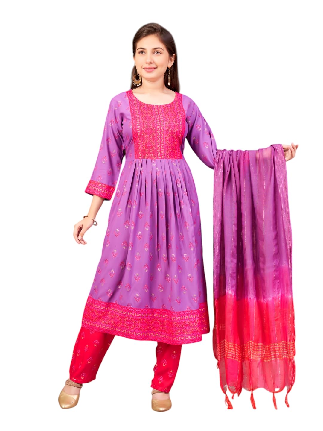 Aarika Girls Ethnic Wear Purple-Rani Colour Foil Print Rayon Kurti-8-15 Years (Kurti-Ap-802)