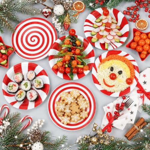 Image of Fourluoo 96 Pcs Christmas Candy Paper Plates 7 Inch Christmas Disposable Peppermint Dinner Plates for Xmas Birthday Party Table Decoration Supplies