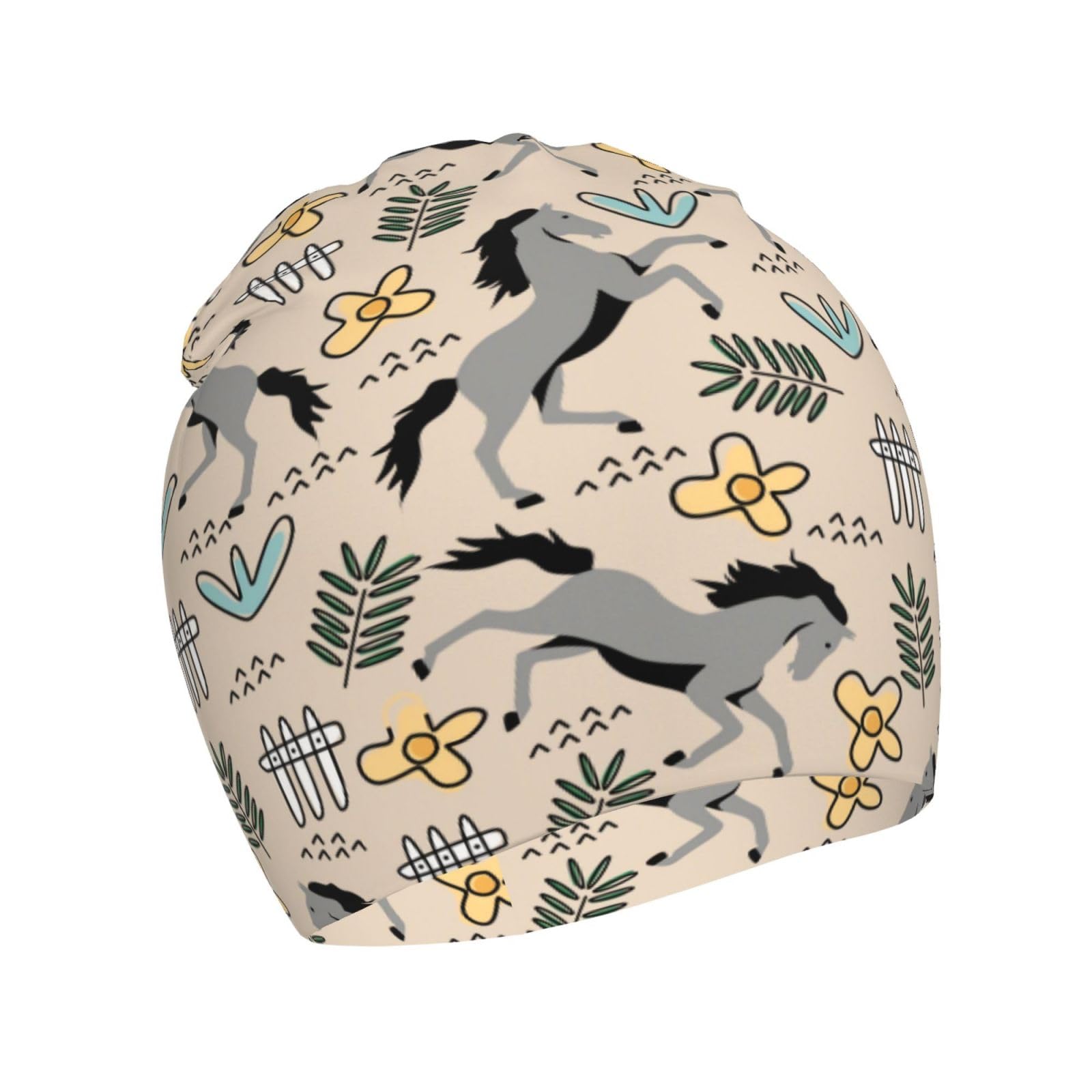 Rqzwdq Cartoon Horse and Flower Pattern Kids Beanie Hats Warm Knit Beanie Cap Skull Caps Gifts Decor for Boys Girls White