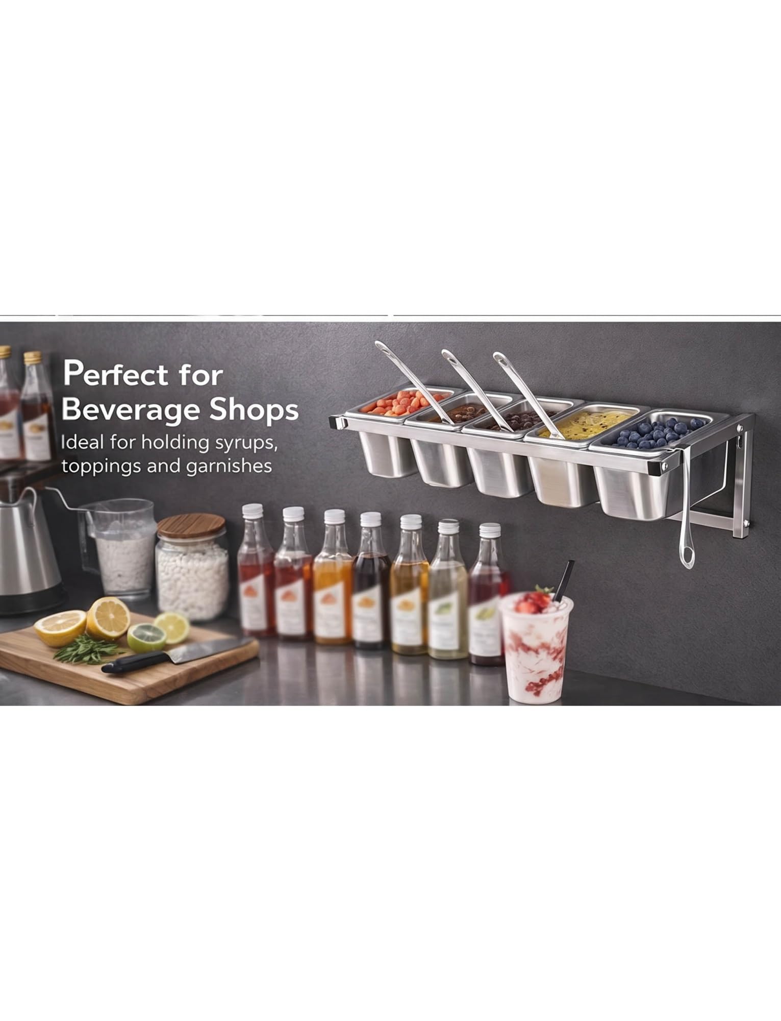 Stazione commerciale per pizza in acciaio inox, organizer per condimenti a 4/6/8 scomparti con cucchiai, padelle inclinabili rimovibili per pizzerie, 90,7 x 21 x 21 cm