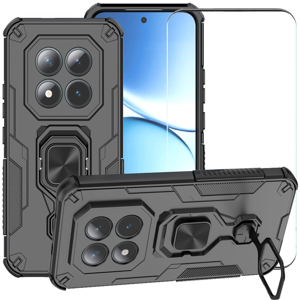 for Xiaomi Redmi Note 15 Pro Plus 5G Case, Hybrid Heavy Duty Armor Shockproof Defender Kickstand Dual Layer Bumper Hard Back Case Cover with Tempered Glass Screen Protector，Black