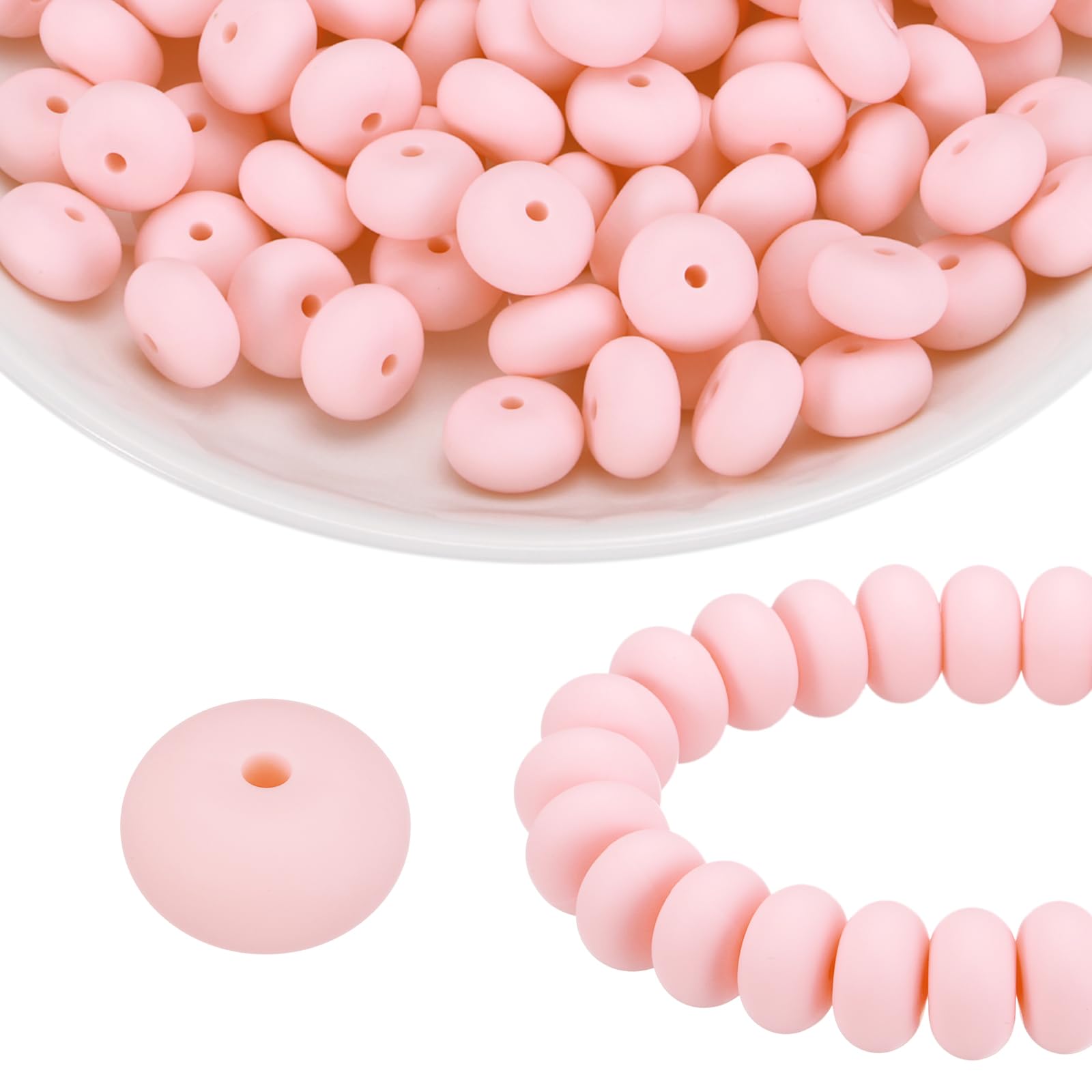 sourcing map 110Pcs Silicone Beads 14mm Lentil Rubber Focal Beads Bulk for Pens Keychain Bracelet Necklace DIY Crafts Making, Light Pink