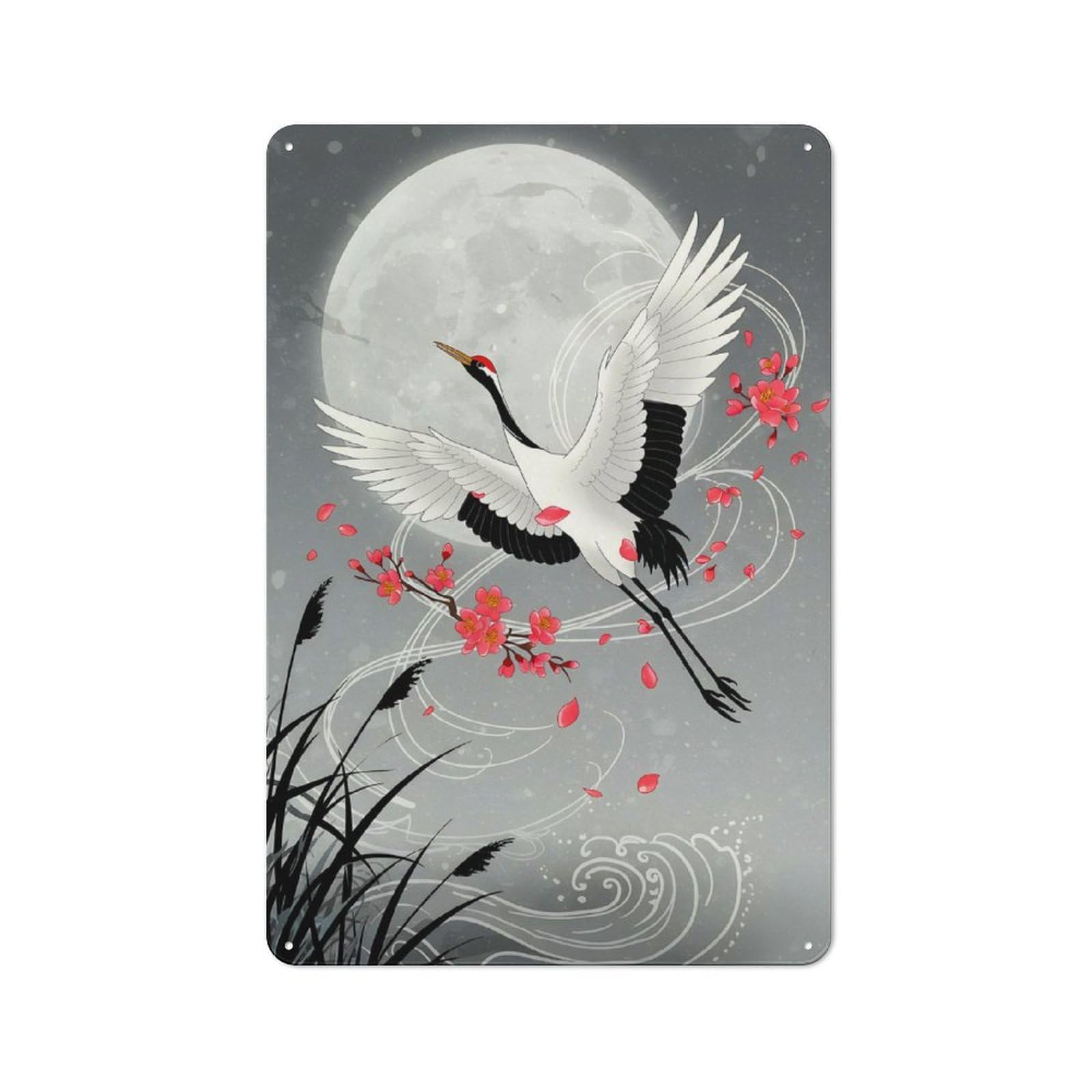 Junmoney Style-11 Crane In Flight With Cherry Blossoms Retro Metal Sign 30X20cm, Distressed Look Retro Room Decor For Living Room, Hallway, Kitchen Or Cafe
