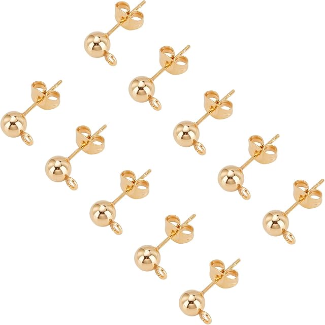 UNICRAFTALE 30pcs Gold Ball Post Stud Earrings Hypoallergenic Ball Stud Earrings 304 Stainless Steel Stud Earrings Findings with Loop Ear Nuts and Earring Post Suitable for Wearing or DIY Earrings