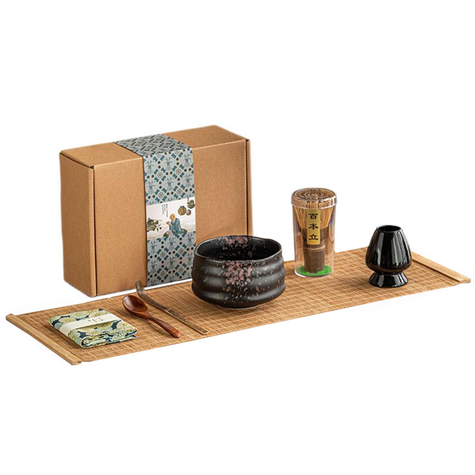 Matcha 7-piece Set, Japanese Tea Set, Tea Ceremony Set, Tea Ceremony, Chawon, 100 Point Tea Whisk, Chasen, Matcha, Powder, Whisk (Black) : Home & Kitchen
