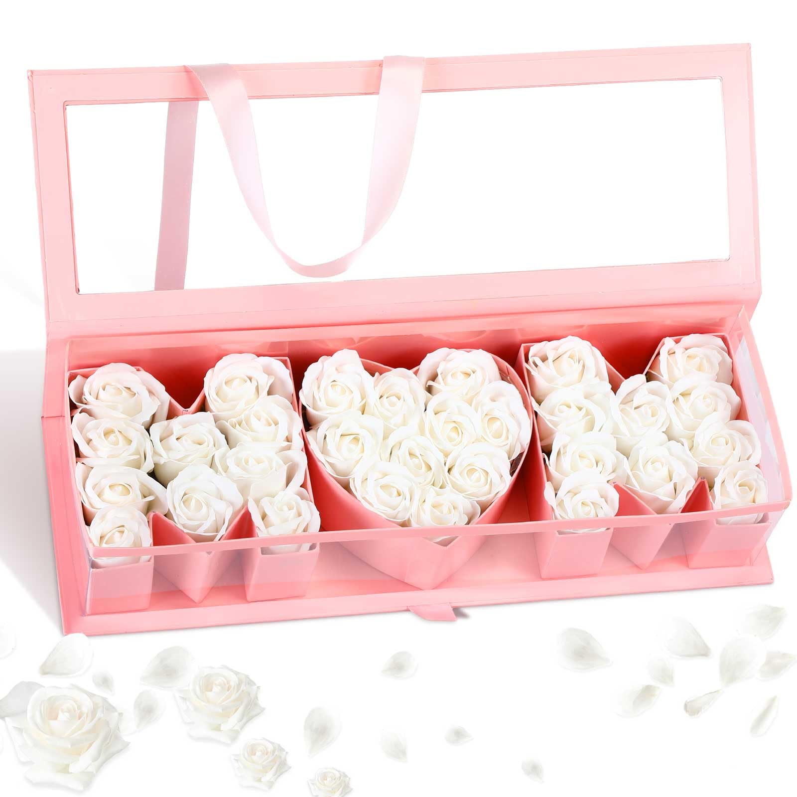 Thiccywoov 1 Pcs Mother's Day Flower Box with 30 Scented Flowers Mom Letter Shaped Fillable Boxes Floral Gift Packaging for Arrangement Mother's Day, Birthday Gift(Pink Box, White Flower)