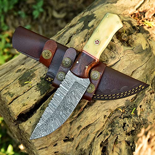 Grace Knives Handmade Damascus Steel Hunting Knife 9 Inches Fixed Blade Knife With Leather Sheath G-127 Bone