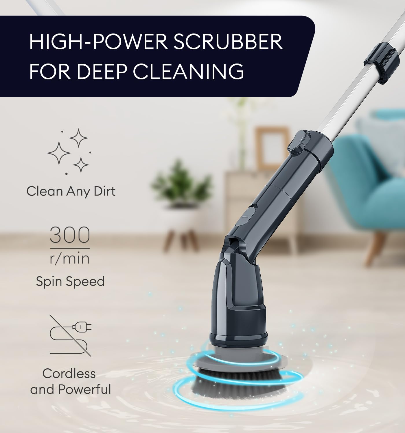 GENIANI Limpiador giratorio eléctrico, potente cepillo inalámbrico 360 para limpiar baño, azulejos, suelo, bañera y ducha con mango de extensión ajustable y 3 cabezales de cepillo giratorios