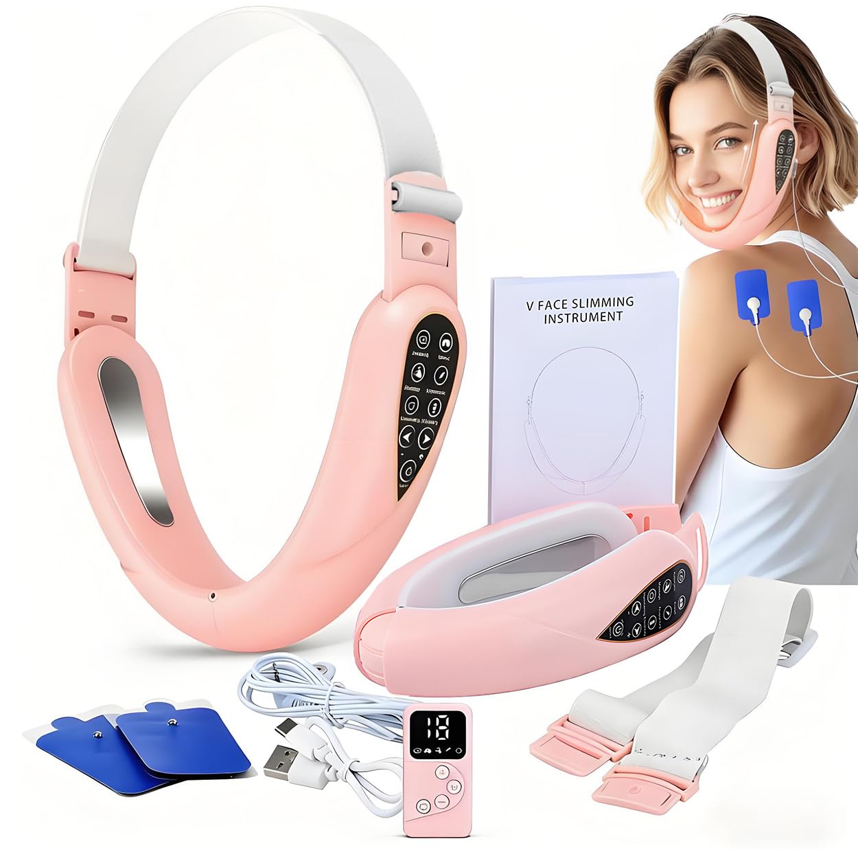 Massaggiatore elettrico V-Face Shaping + elettrostimolatore versione 2026, rimozione a doppio mento e rassodante, massaggiatore facciale EMS, fototerapia rossa e blu, 5 modalità di terapia +