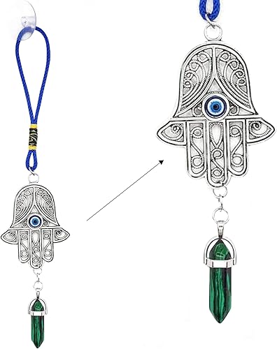 LUCKBOOSTIUM Silver Ornate Hamsa Hand Jeweled Keychain - Evil Eye Protection, Hanging Gemstone - Good Luck Charms 1.8"x9"