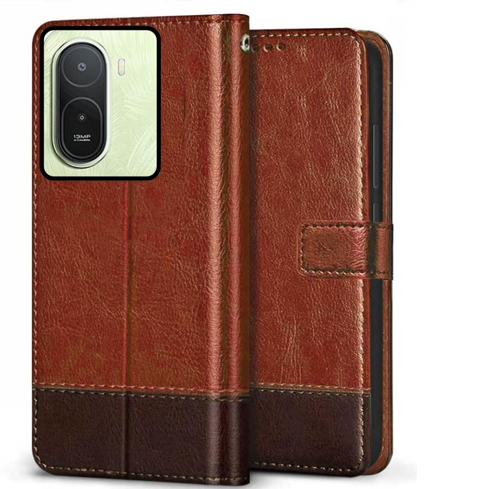 Leather Flip Case Cover Compatible with Back case Cover for Redmi A7 Pro 5G |Dual Colour|| Hand-Stitched Leather Finish| Lightweight| Inbuilt Card Pockets |(Tan with Brown)