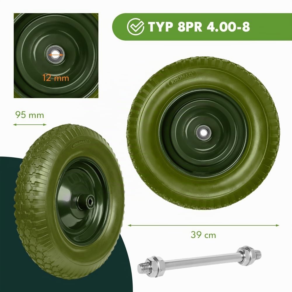 KRUMAD Lot de 2 roues de brouette en mousse PU 4,80/4,00-8 jusqu'à 180 kg avec essieu - Anti-crevaison - Sans entretien - Jante en acier - Double roulement à billes - Roue de rechange pour brouette et