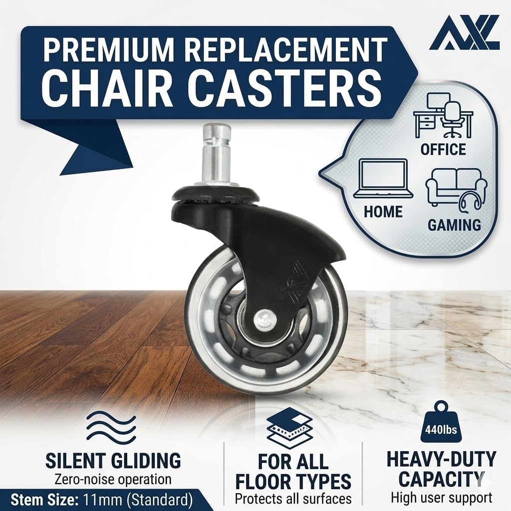 AXL Office Chair Caster Wheels Replacement - Silent Inline Skate Style Chair Casters (Set of 5), Safe for Hardwood Floors & Carpet, Universal Fit (Black/Clear)