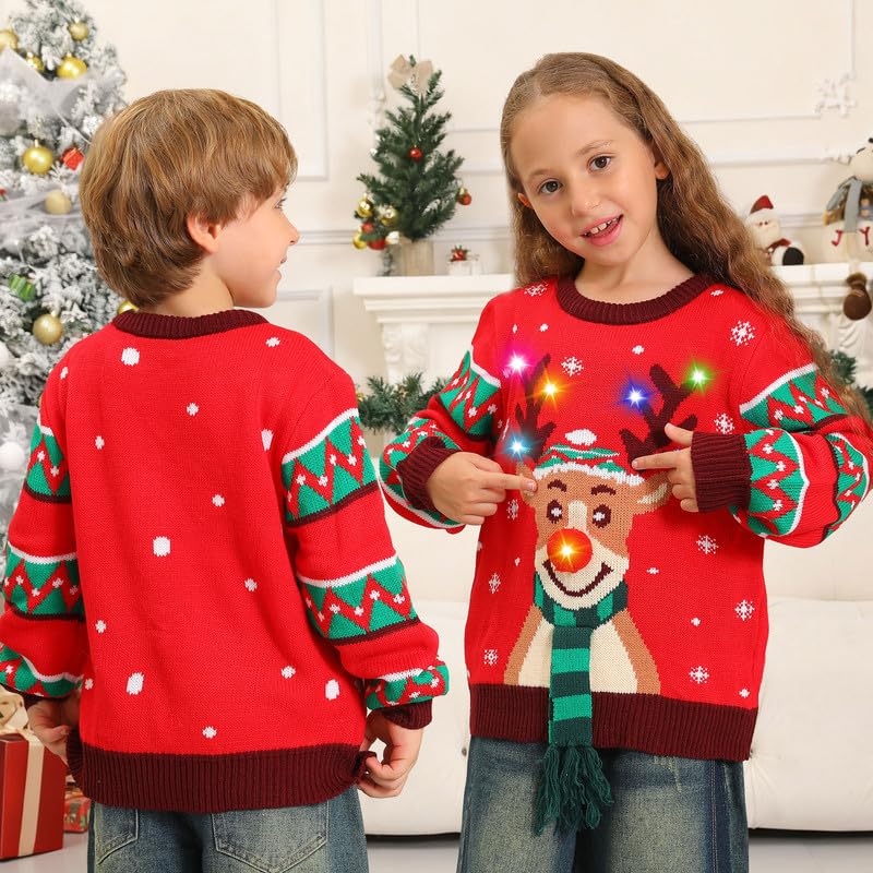 Maglione Natalizio Bambino con Luci, Maglioni Natalizi Bambini Divertenti, Girocollo Maglioncino Natalizio Famiglia Led Ugly Christmas Sweater,Brutti Maglioni di Natale per Bimbo/Bimba/Ragazza/Ragazzo