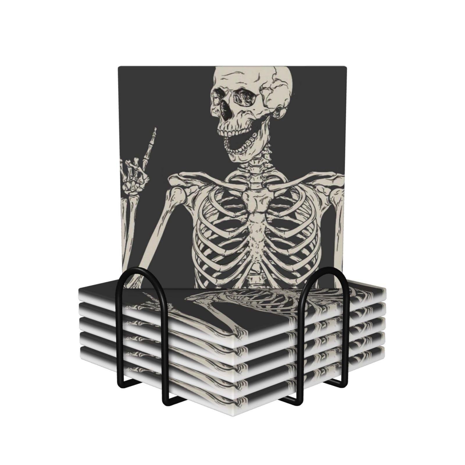 Set di 6 sottobicchieri in ceramica con stampa di scheletro e osso, accessori eleganti per la cucina e la casa