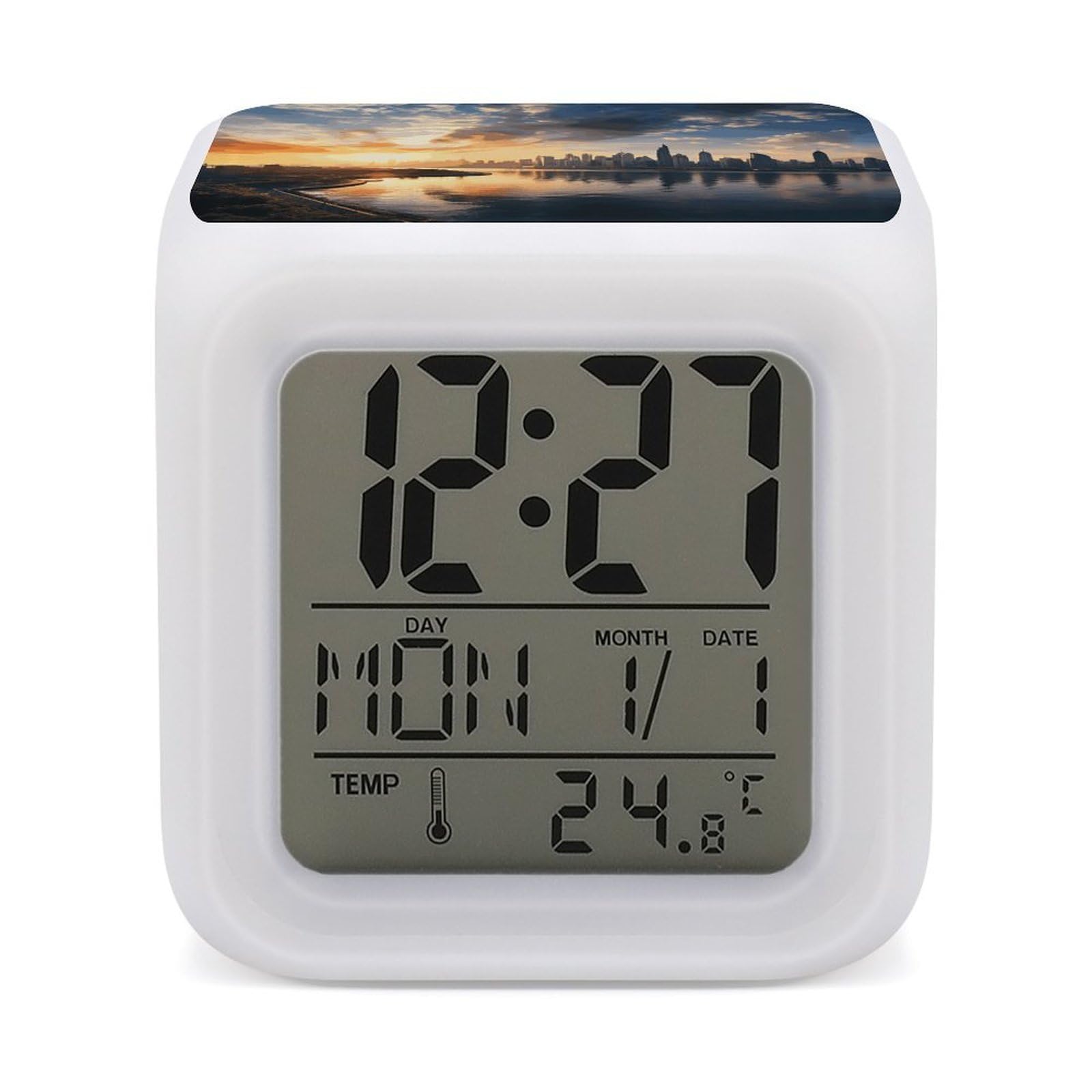 JTREHY New York in The Sunset Alarm Clock Digital Dimmable Clock for Bedroom LED Display Screen Mini Clocks 7 Color Dimmable Night Lights Time-to-Rise Alarm Clocks for Office Living Room