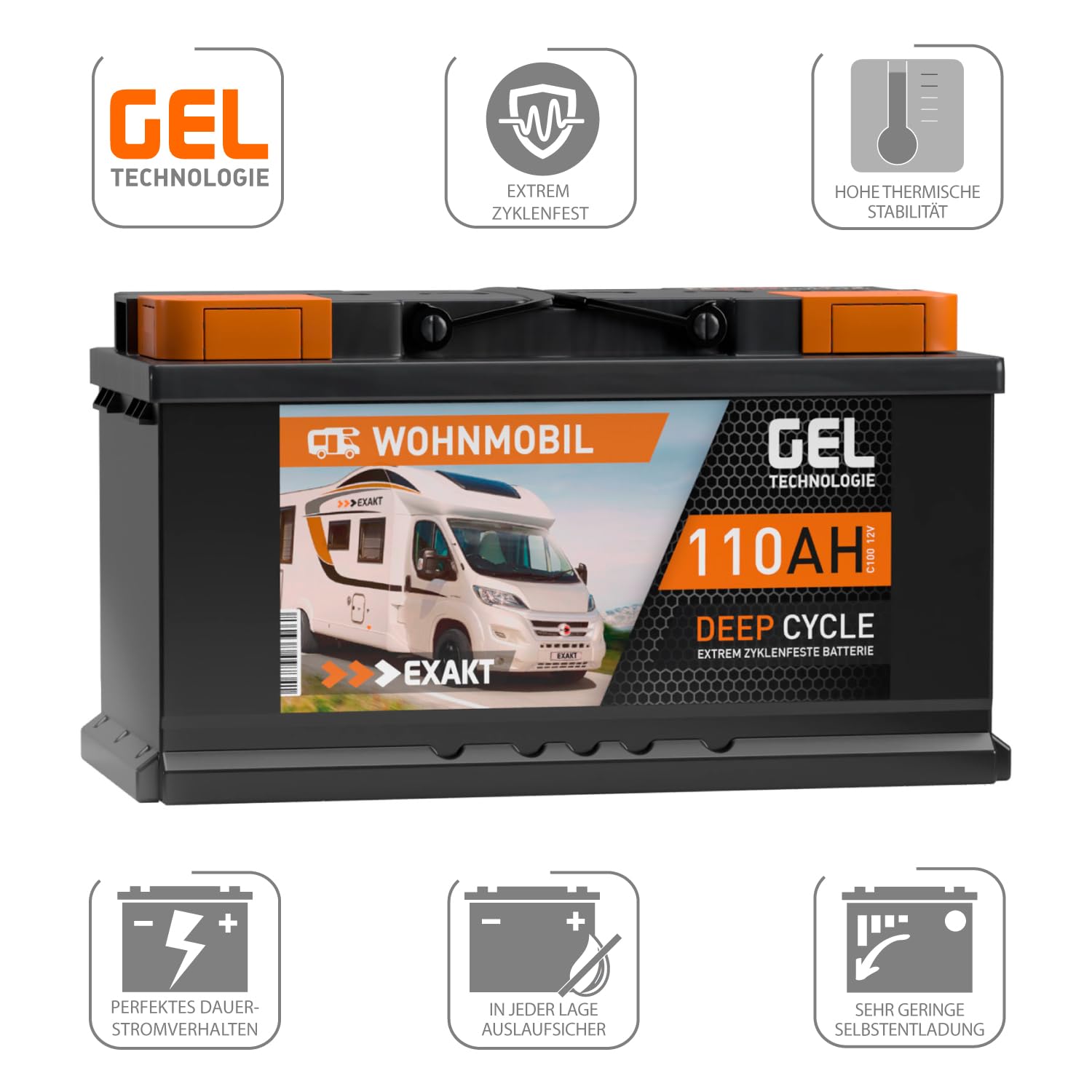 EXAKT GEL Batterie 12V 110Ah Wohnmobil Batterie Solarbatterie Versorgung Gelbatterie Gel Akku ersetzt 100Ah