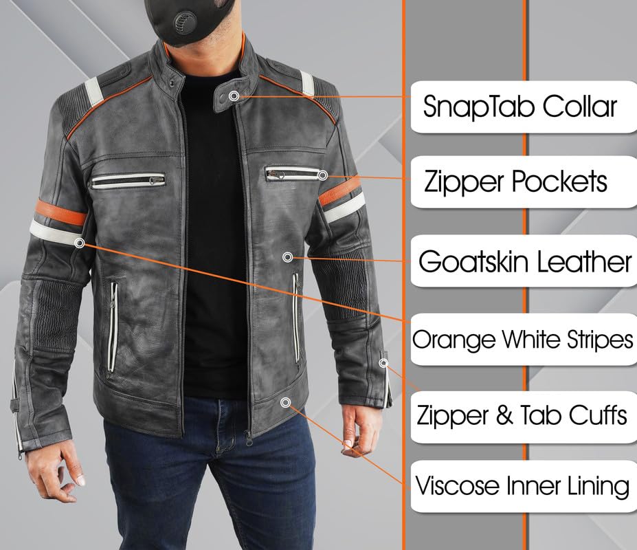 LP-FACON Men's Vintage Leather Jacket - Distressed Black Cafe Racer Retro Biker Genuine Leather Jacket2