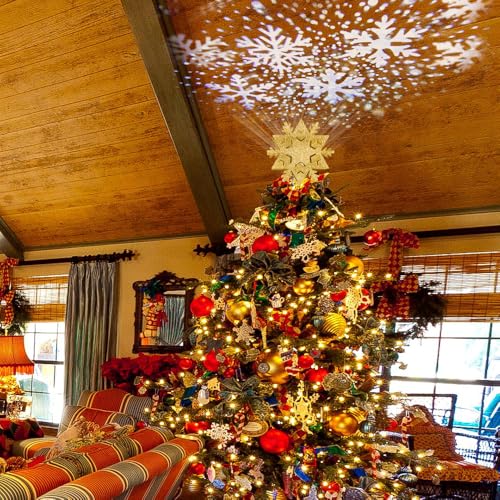 PHITRIC Topo de árvore de Natal, estrela de árvore de Natal dourada de 20 cm com luzes de projetor,