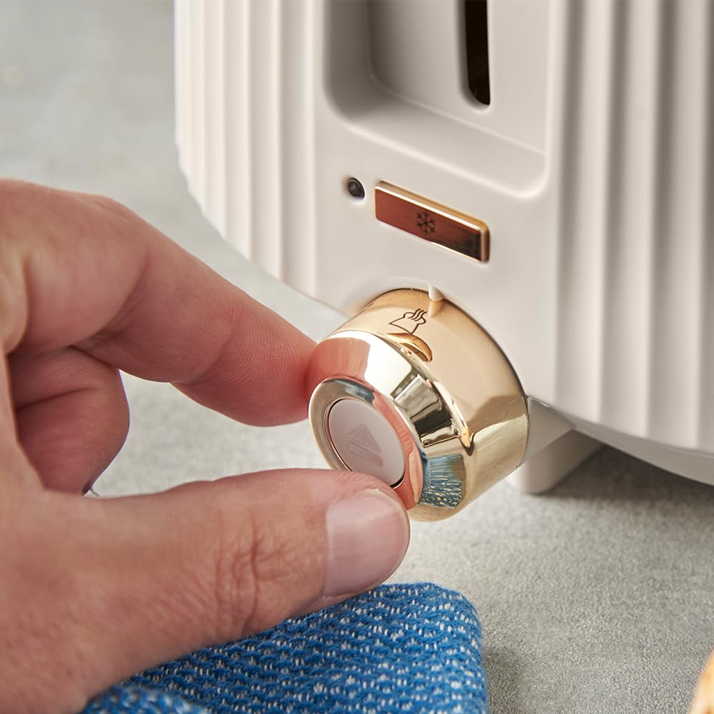 Russell Hobbs Grille pain [pour 2 tranches] Brontë Stone (6 réglages, finition beige mate, accents dorés, décongélation, réchauffage, surélévation, Lift et Look, support pour petits pains) 26761-56